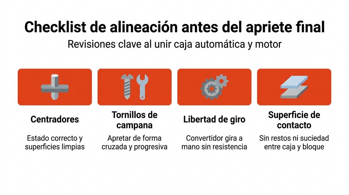 Infografia Con Un Checklist De Alineacion Y Puntos De Verificacion Al Montar Una Caja De Cambios Automatica En El Motor