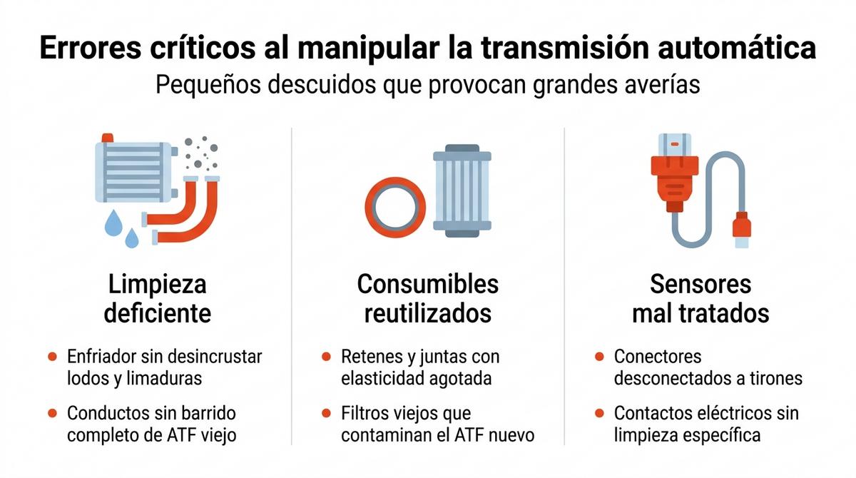 Infografia Sobre Errores Comunes Al Manipular Una Transmision Automatica En Limpieza Consumibles Y Sensores
