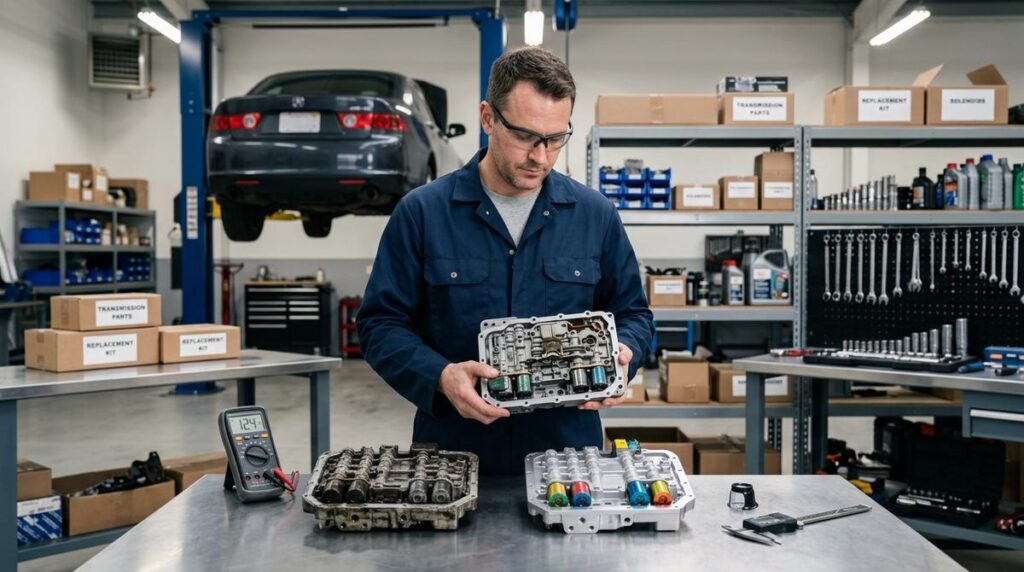 Mecanico De Transmision Automatica Inspecciona Cuidadosamente Un Recambio De Caja De Cambios En Un Taller Profesional