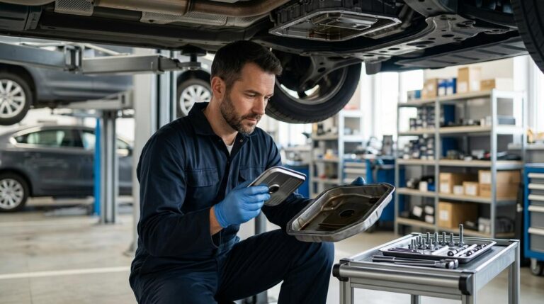 Mecanico Revisando El Filtro Y El Carter De Una Caja De Cambios Automatica Bajo Un Coche Elevado En Un Taller Moderno